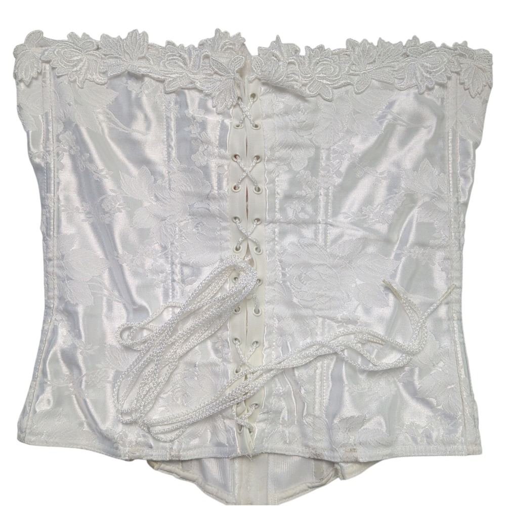 White Satin Floral Lace Up Corset Bustier Bridal Wedding Night Size 36 Feminine